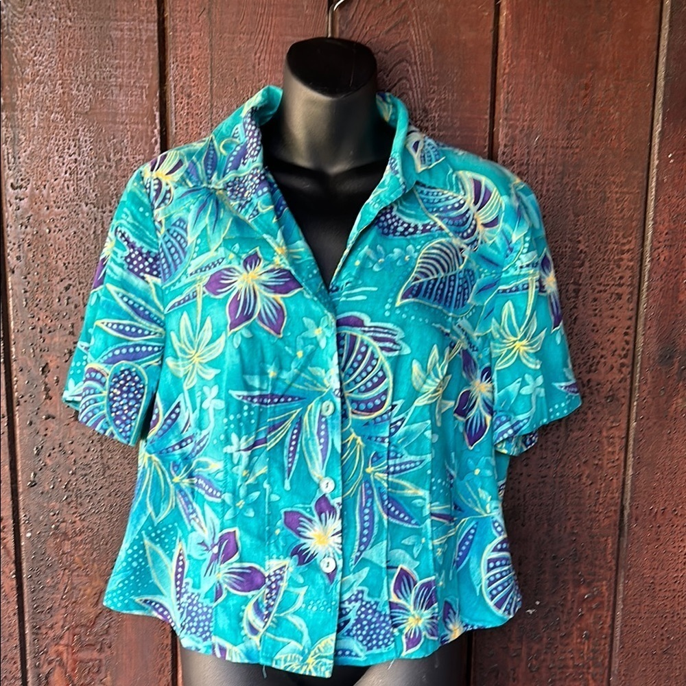Vintage 90s Linen Tropical Hawaiian Floral Short Sleeve Button Down Shirt Sz 14